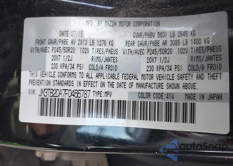 2015 Mazda Cx-9 Grand Touring z USA, uszkodzony, nr VIN JM3TB2DA7F0466787